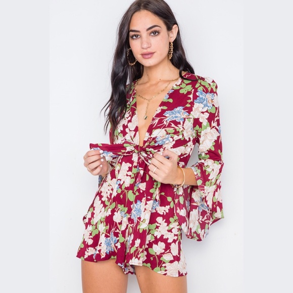 Wine Floral Plunging Tie-Front Bell Sleeve Romper - Picture 3 of 6